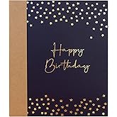 CHRIZ.Z Birthday Card - Single Happy Birthday Greeting Card with Gold Foil Stars and Lettering on Textured Dark Blue Paper with Kraft Envelope - 5" x 7" - Blank Inside