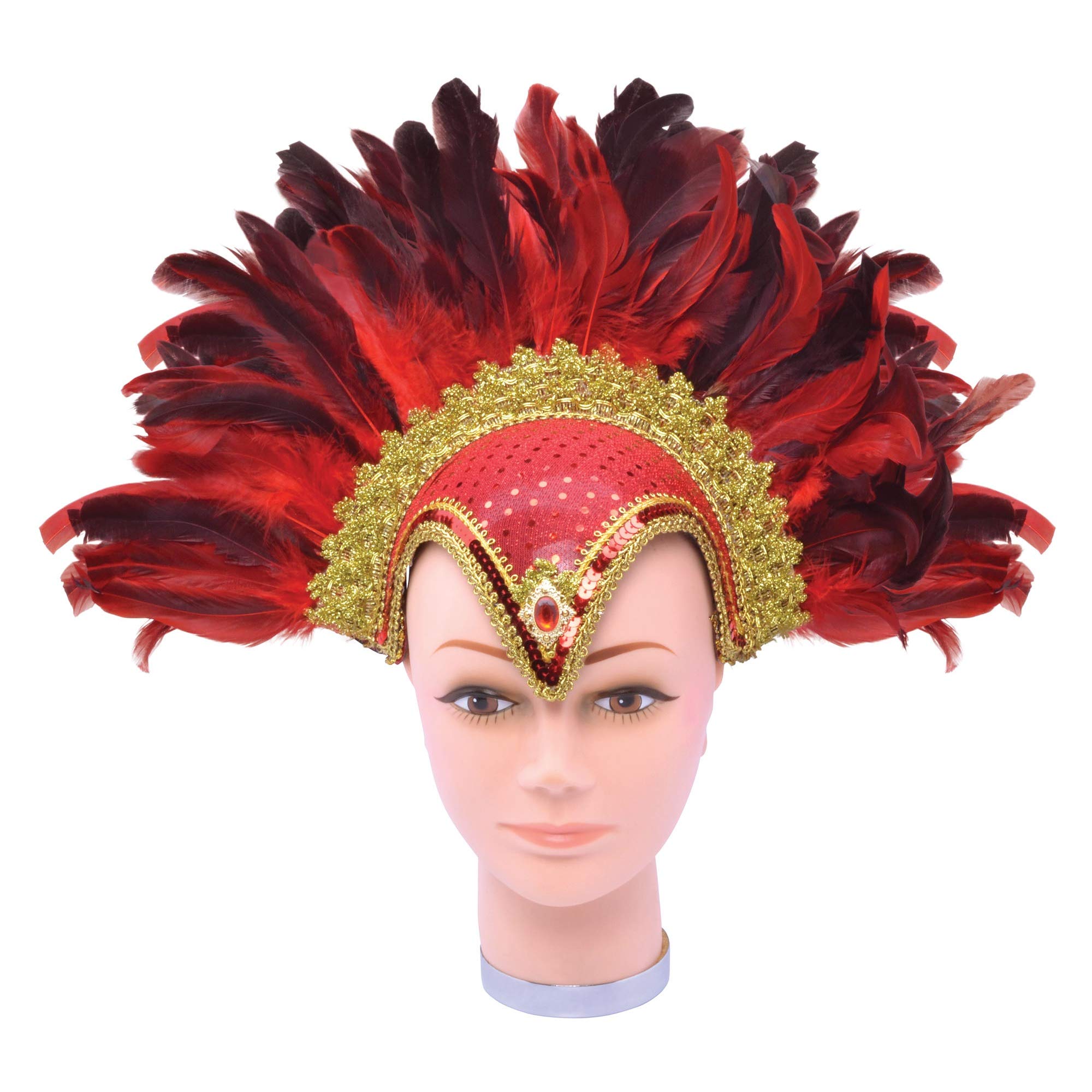 Red Feather Helmet with Jewel & Plume for Women(1 Pc.) - Stunning Design, Perfect Headwear for Festivals, Parades, Cosplay, Costume Parties, Events, & More Halloween