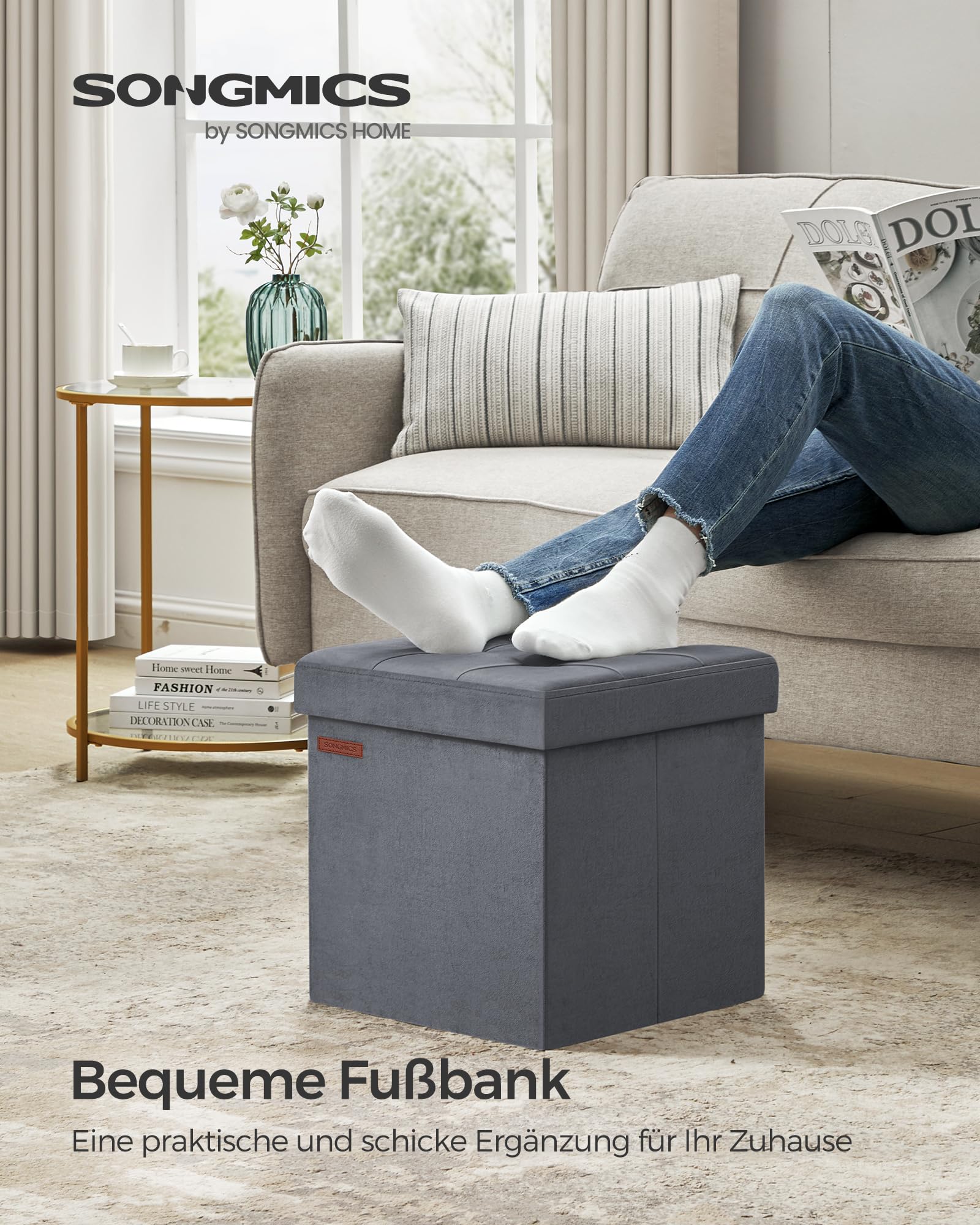SONGMICS Sitzhocker mit Stauraum, klappbare Sitzbank, 38 x 38 x 38 cm Fußbank, Aufbewahrungsbox, bis 300 kg belastbar, für Wohnzimmer Schlafzimmer Flur, schiefergrau LSF227G01 2