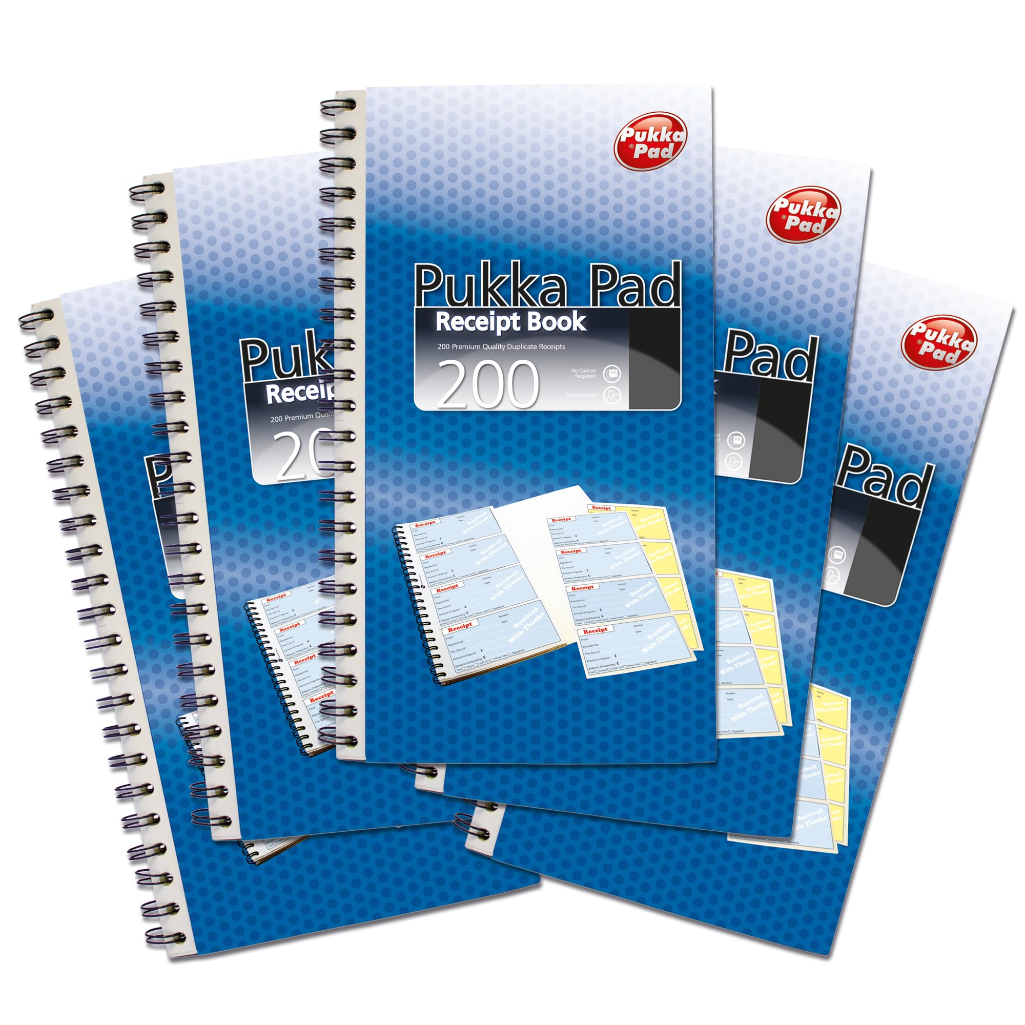 Pukka Pad 200 Entry Duplicate Receipt Book for Business and Sales – Pack of 5 – 200 Receipts per Book, 4 per Page, Carbonless, Perforated for Easy Removal, Wire Bound with Card Cover, 153 x 280mm
