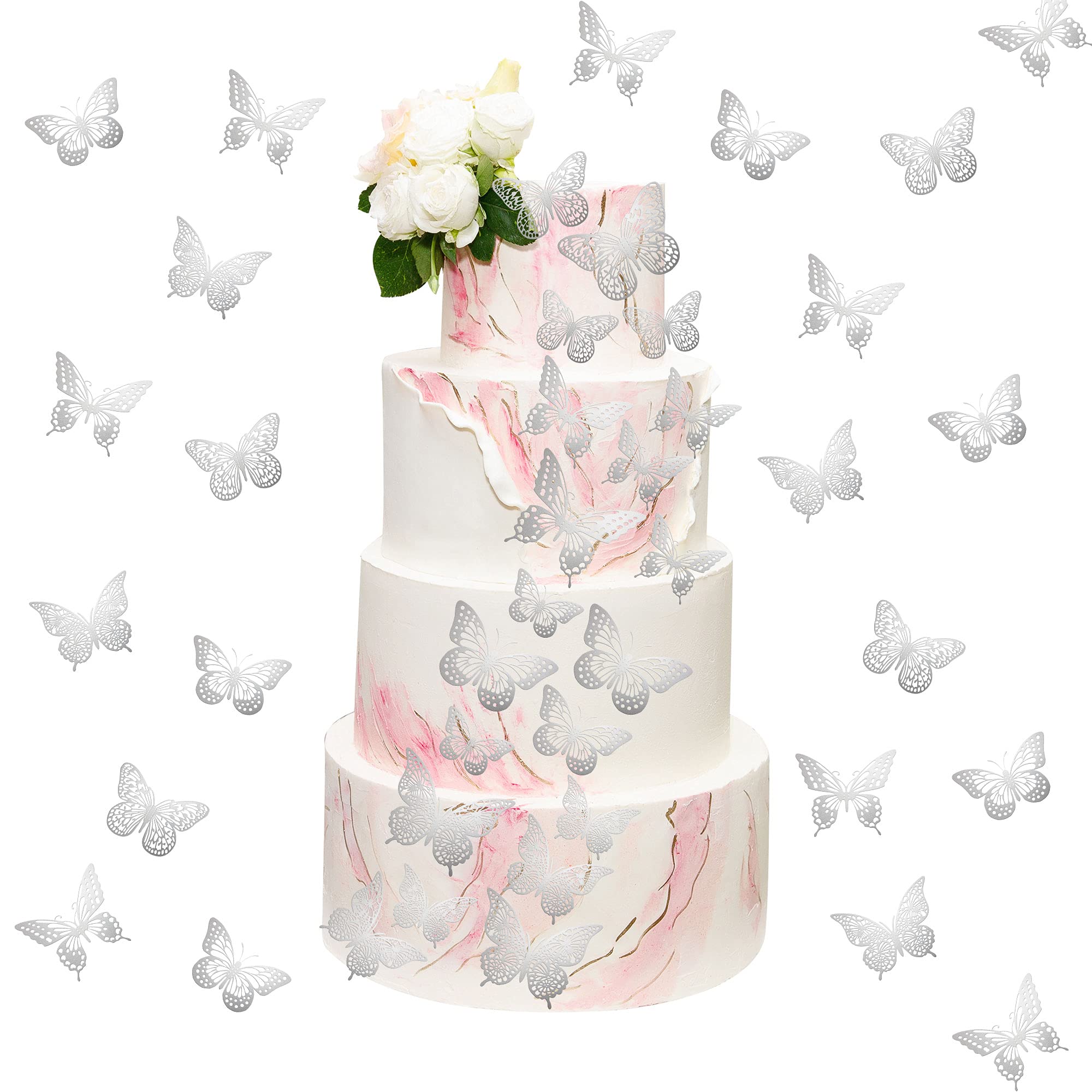 Gyufise 48Pcs Lively 3D Butterfly Cupcake Toppers Mixed Size Hollow Art Silver Butterfly Cake Topper Decorations for Baby Shower Wedding Anniversary Kids Birthday Party Supplies