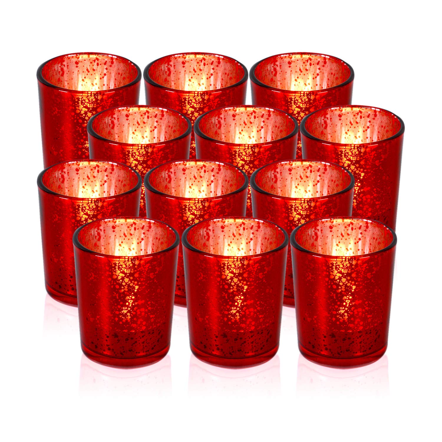 Red Votive Candle Holders, Mercury Glass Tealight Candle Holder Set of 12, Perfect Centerpieces for Wedding, Party, Home Decor (Red)