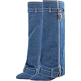 Richealnana Women's Denim Fold Over Knee High Boots Zipper Lock Pointed Toe Wedge Heel Long Boots
