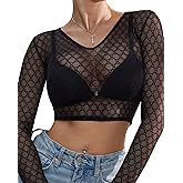 Nolrahiur Sheer Mesh Tops for Women Sexy See Through Blouse Long Sleeve Undershirt Y2K Crop Top V/U Neck S-XL