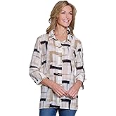MULTIPLES Womens Clothing |Three Quarters Sleeve Button Front Shirt | Dressy & Casual Clothing for Women (Multi | L)