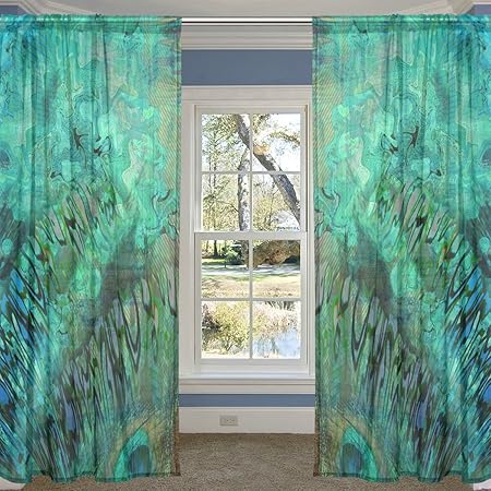 Coosun Abstract Blue Wave Peacock Design Sheer Curtain Panels