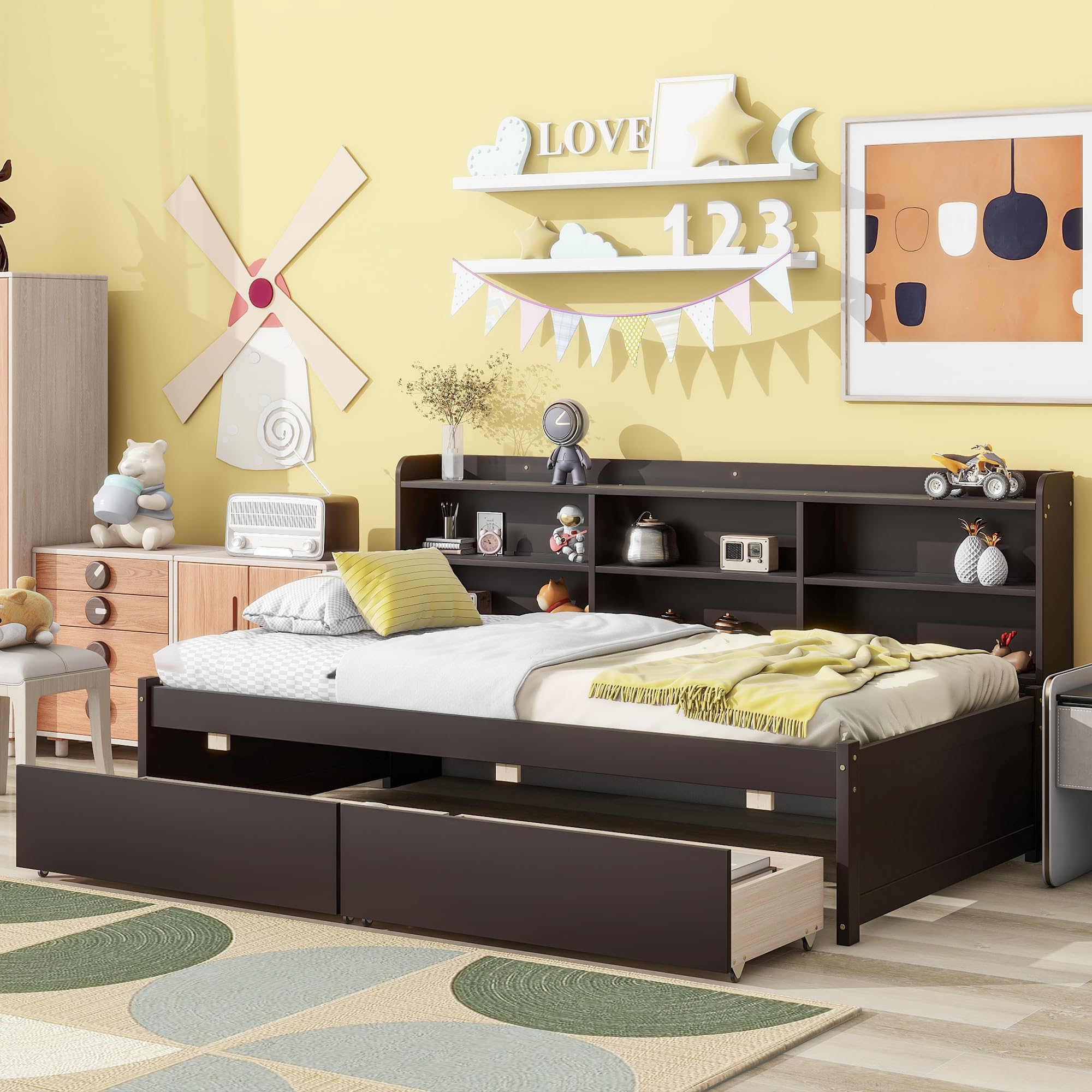 Photo 1 of ***THIS IS BOX 2 of 2. IT IS A PARTIAL SET***HomSof Twin Bed with Side Bookcase, Daybed with Drawers,Espresso
