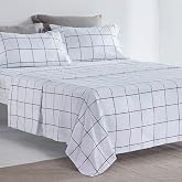 SLEEP ZONE Printed Plaid Full Size Sheet Set 4 Piece - Double Brushed Microfiber Super Soft Breathable Bedding Sheets with 16 inch Deep Pocket (Black Grid Printed on White)