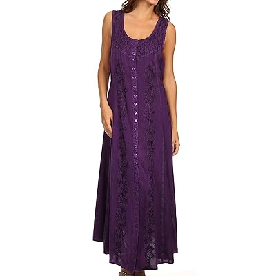 Sakkas Maya Floral Embroidered Sleeveless Button Up Rayon Dress