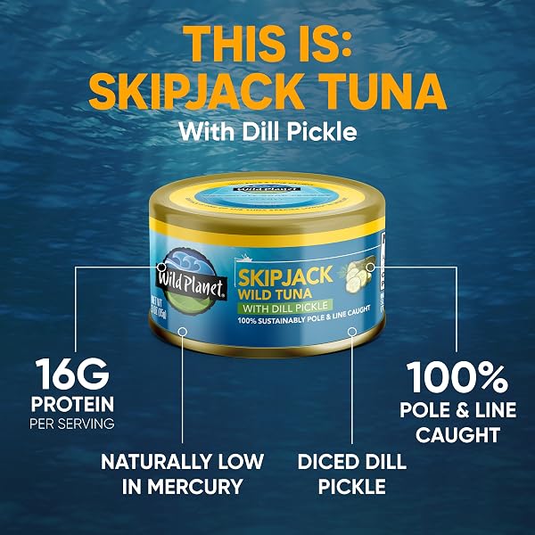 WILD PLANET WILD SKIPJACK TUNA WITH DILL PICKLE TINNED FISH, CANNED TUNA, SUSTAINABLY WILD-CAUGHT, 3 OZ PACK OF 1