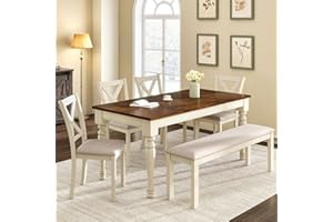 LUXOAK 6-Piece Solid Wood Dining Table Set, 71" Farmhouse Kitchen Table with 4 Upholstered Chairs and Bench, Large Dining Room & Kitchen Furniture Set, Cream White