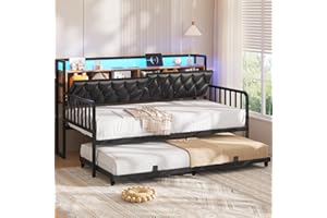 ADORNEVE Daybed with Trundle, Twin to King Daybed with Charging Station & LED Lights, Metal Trundle Bed Twin with Hidden Storage Headboard, Upholstered Sofa Day Bed for Living Room, Bedroom, Black