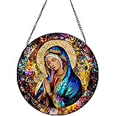 Rosporxin Suncatcher Stained Glass Window Hanging - Mother Mary Glass Panel with Metal Chain and Hooks Handmade Sun Catcher Decoration for Window Garden Home Christmas & Birthday Gifts (7.8 Inch)