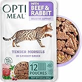 High Protein Wet Cat Food, Beef and Rabbit in Savory Sauce, 12 Pouches | Grain free morsels made with natural European ingredients. Moisture rich single serve portions for indoor adult cats.