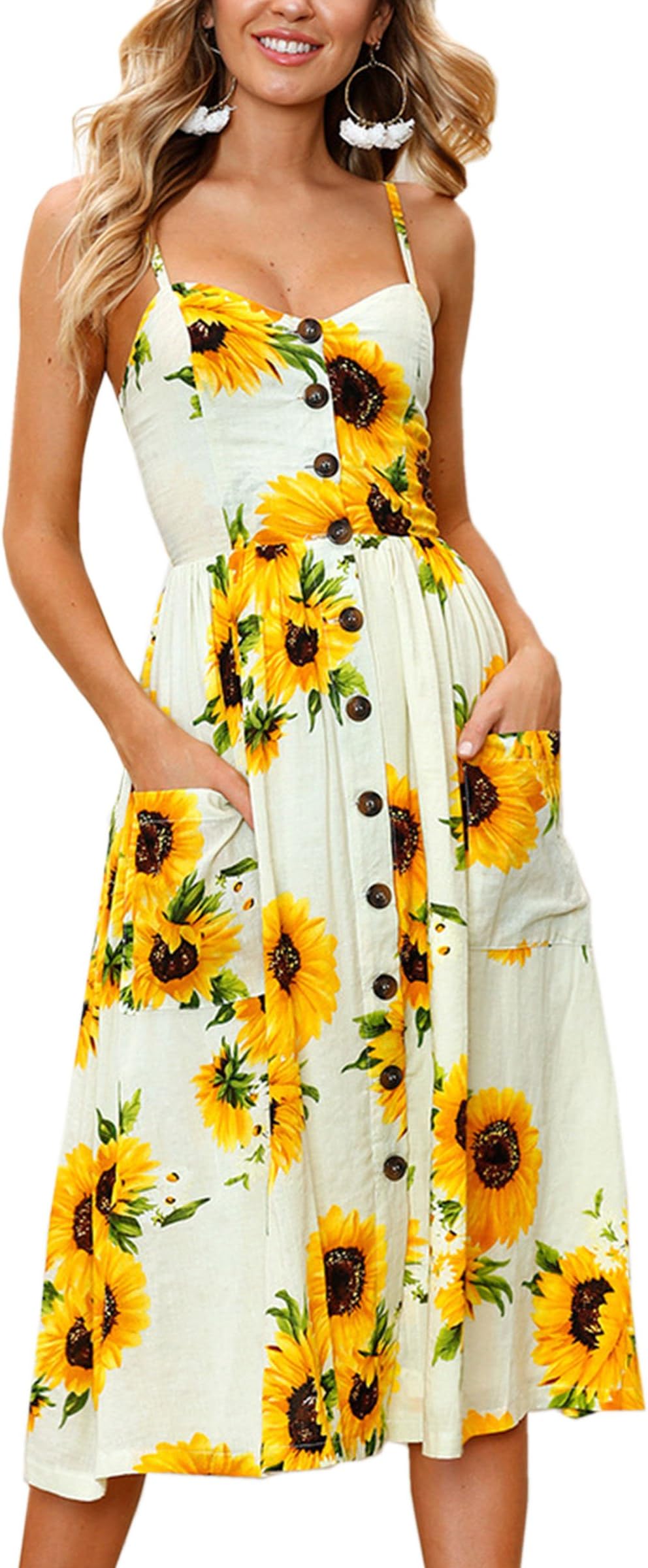 Women's Dresses-Summer Floral Bohemian Spaghetti Strap Button Down Swing Midi Dress