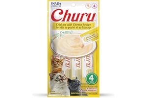 INABA Churu Cat Treats, Grain-Free, Lickable, Squeezable Creamy Purée Cat Treat/Topper with Vitamin E & Taurine, 0.5 Ounces Each Tube, 4 Tubes, Chicken with Cheese Recipe