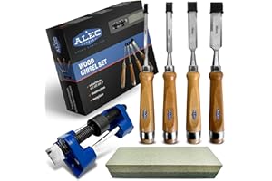 Alec Tools Wood Chisel Set Carpenter Tools – 4Pcs Beech Wood Carving Set with Sharpening Stone, Honing Guide – Woodworking Chisels with Pre-Sharpened Steel Blades – Ideal for Pros, DIY, Hobby