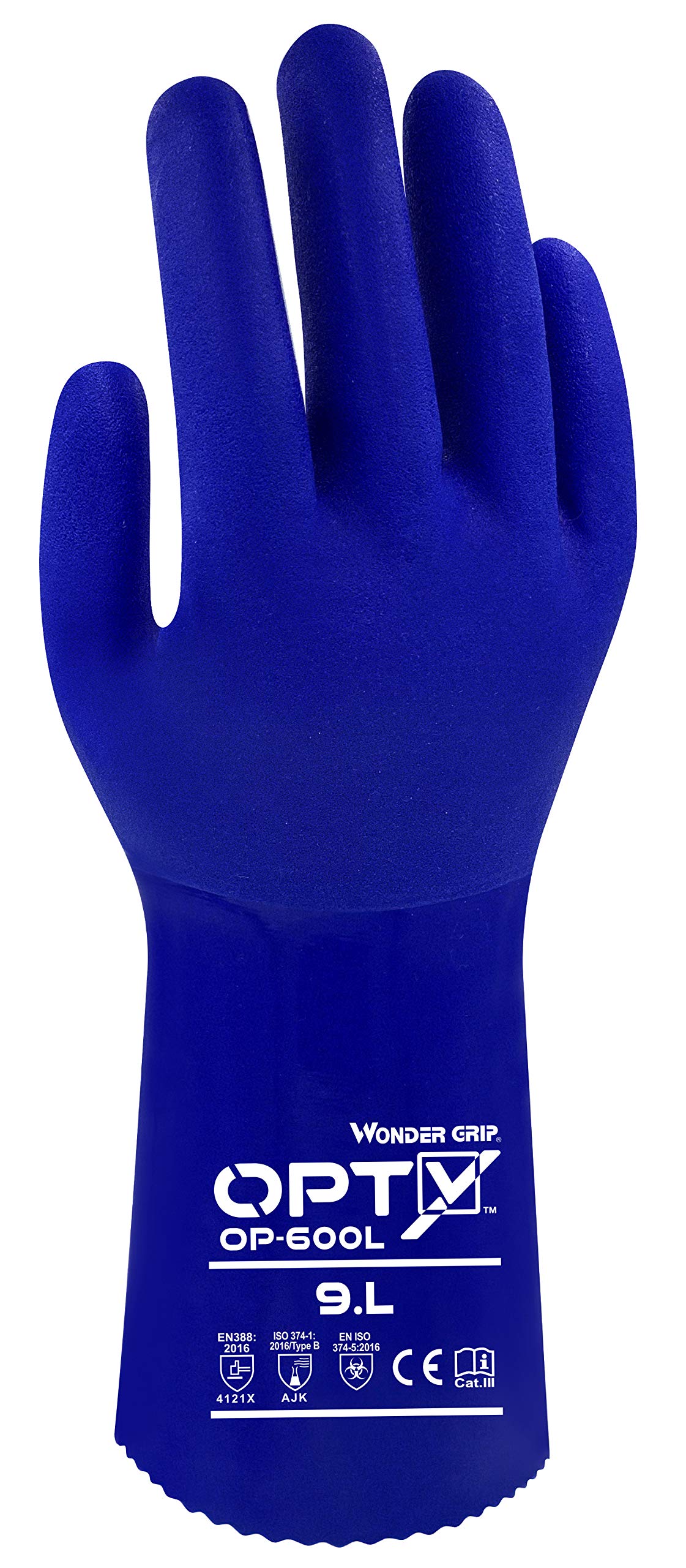 Wondergrip - Opty - OP-600L Safety Gloves - Triple PVC Coating - Chemical Resistant & High Grip - Rough Finish Palm - Long Cuff - Ergonomic Fit - Blue - Large