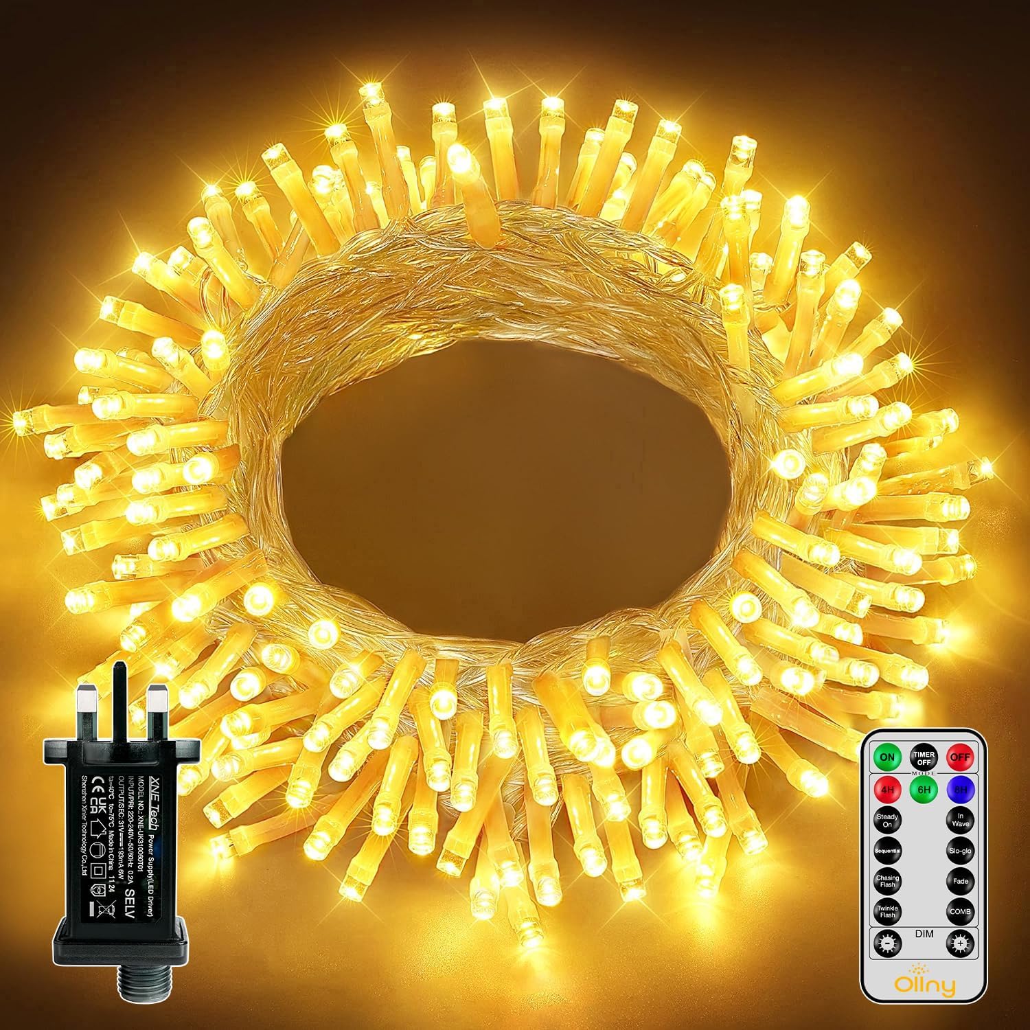 Ollny Christmas Tree Lights, 10m 100 LED Fairy Light Mains Powered, Waterproof Outdoor String Light with Remote/Plug/Modes/Timer, Bright Warm White Lighting Outside Indoor Garden Xmas Decorations — image 1