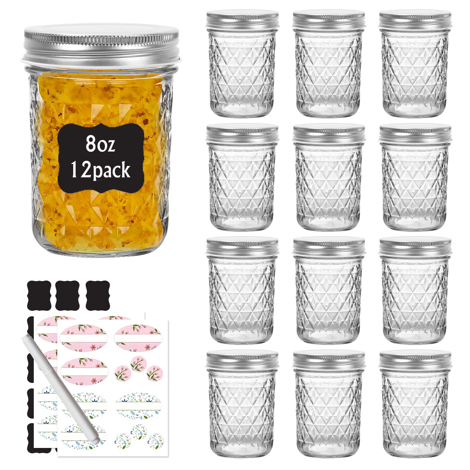 Yishik 8 oz Mason Jars with Silver Lids,12 Pack Glass Canning Jars 240ml Crystal Jelly Jars for Honey,Jam Preserving,Baby Foods,Party&Wedding Favors