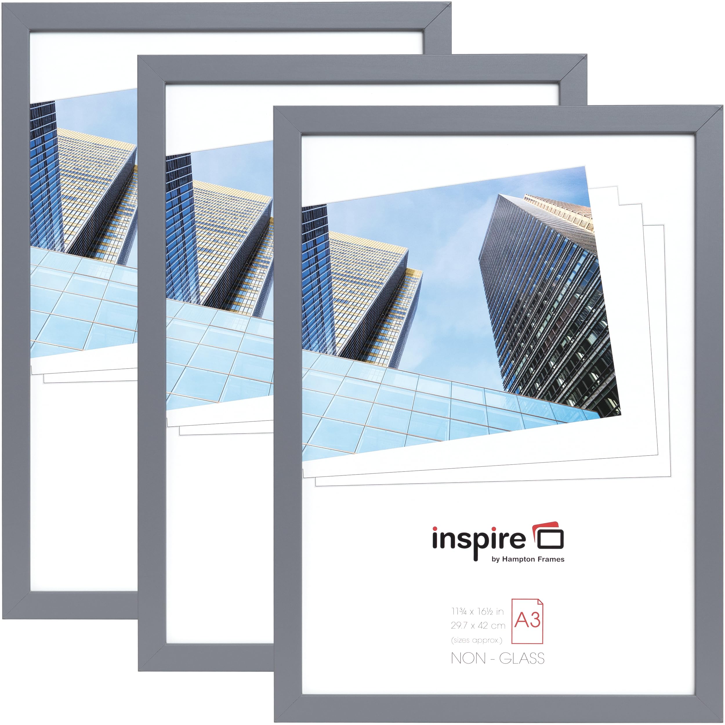 Hampton Frames ZURICH A3 (30x42cm) Pack of 3 Grey Poster Photo Frame Acrylic (Non-Glass) Front ZURA3GRY-PK3