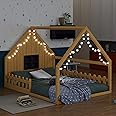 Merax Full Size House Bed for Kids, Wood Montessori Floor Bed with LED Light Toddler Floorbed with Fence and Window, Toddler Bedframe for Girls Boys, Natural