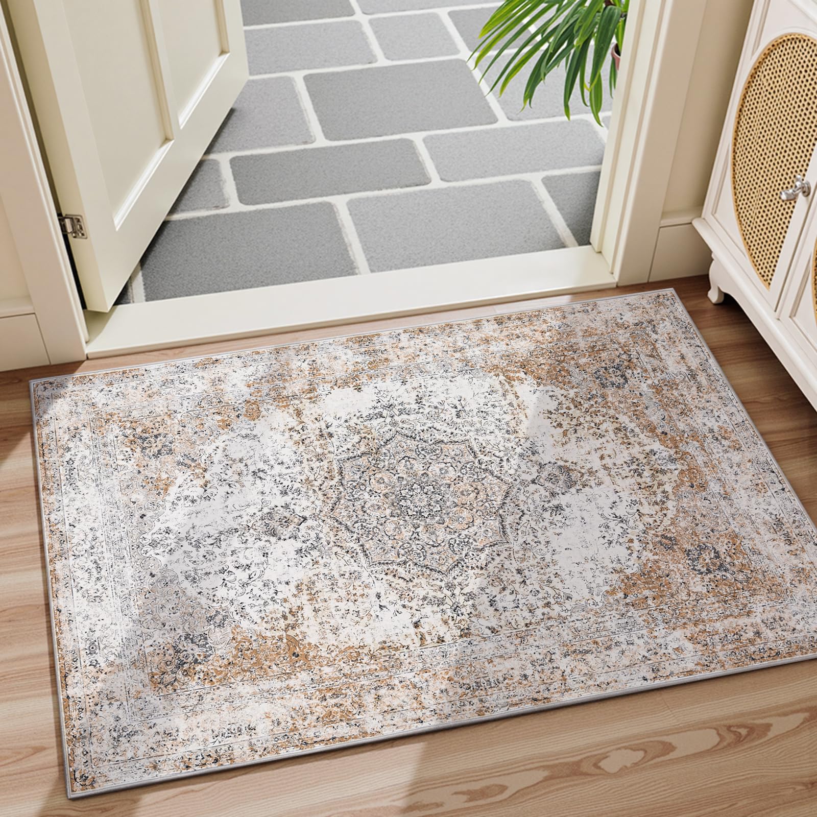 Photo 1 of jinchan Area Rug 2x3 Washable Door Mat Vintage Distressed Rug Doormat Indoor Entrance Thin Traditional Floral Lightweight Non Slip Carpet for Kitchen Bedroom Living Room Taupe