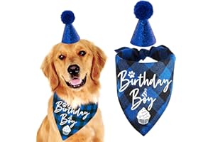 YROVWENQ Blue Plaid Pet Puppy Dog Bandana with Dog Birthday Party Hat, Boy Dog Birthday Bandana Scarf