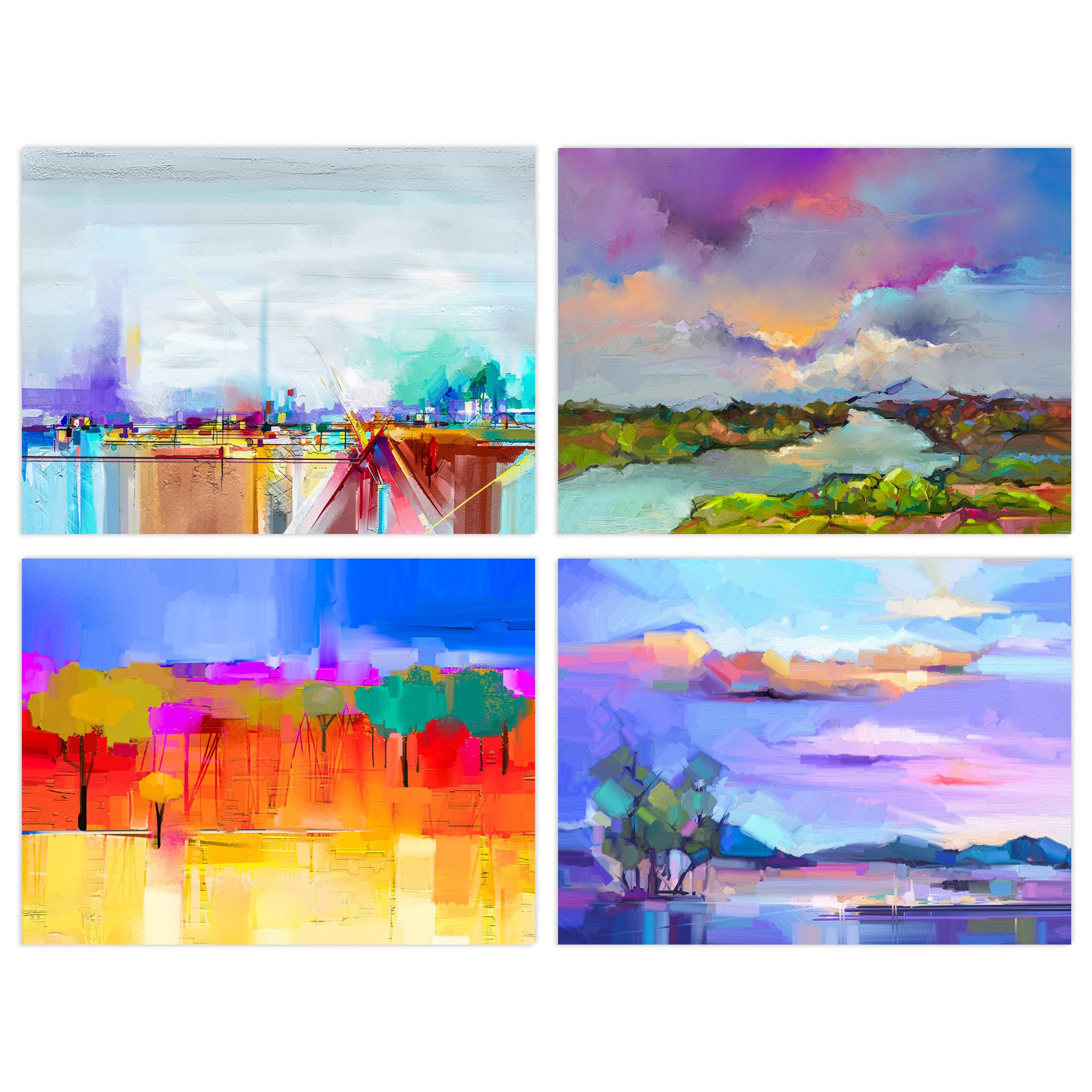 Wee Blue Coo Pack of 4 A4 Bright Multicoloured Coastal Landscape Abstract Oil Painting Unframed Wall Art Living Room Prints Set
