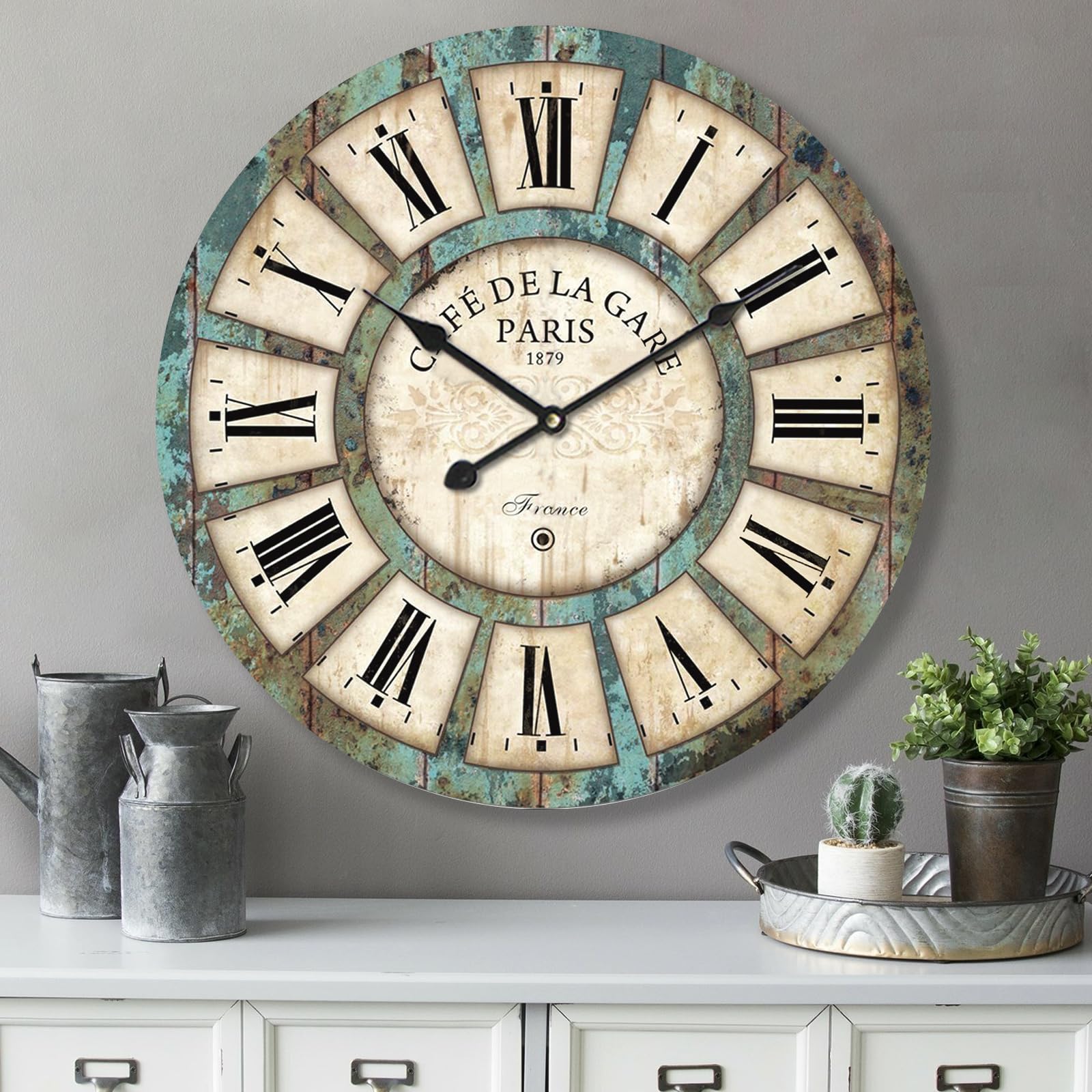 Photo 1 of Eruner 24 Inch Vintage Wall Clock, Roman Numerals Style, Battery Operated, Non-Ticking, Large Oversized Farmhouse Clock, Rustic Wall Decor, Perfect for Home, Kitchen, Living Room