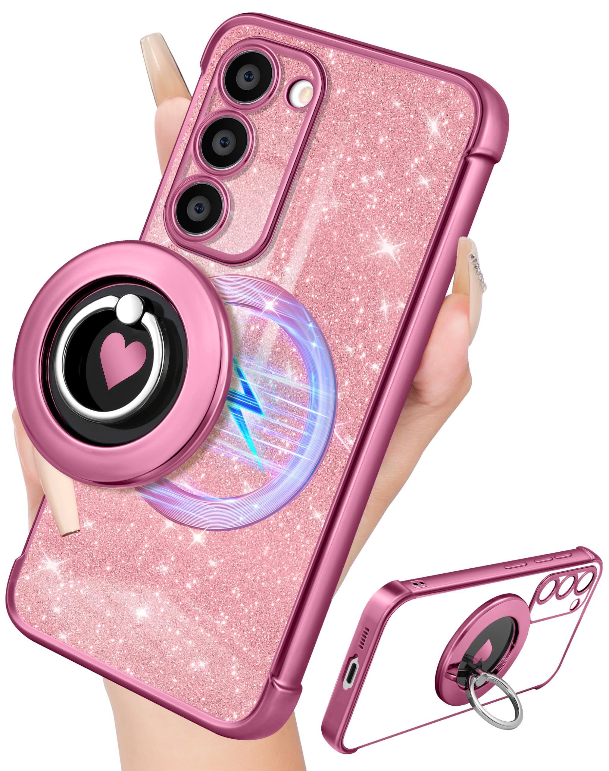 LISEVO for Samsung Galaxy S23 Case - Women Glitter Bling Girls Compatible with MagSafe Ring Stand Magnetic Phone Case Cute Sparkly Luxury Elegant Girly Design for Samsung S23 Cases