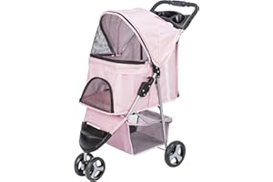 TRIXIE Foldable Pet Stroller for Cats and Dogs, Pet Carrier Strolling Cart with Weather Cover, Storage Basket, Cup Holder, Pink