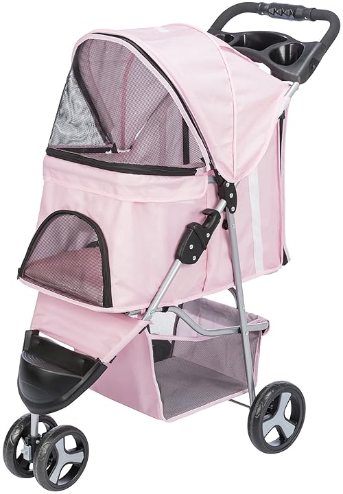 TRIXIE Foldable Pet Stroller for Cats and Dogs, Pet Carrier Strolling Cart with Weather Cover, Storage Basket, Cup Holder, Pink