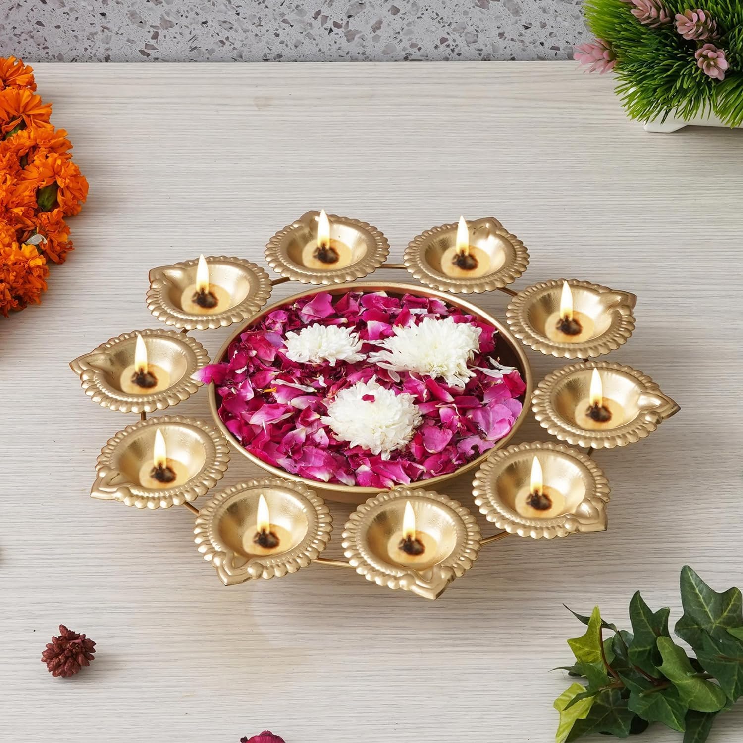 Grainex Diya Shape Flower Decorative Urli Bowl for Home Handcrafted for Floating Flowers and Diya | Traditional Urli Diya Office, Diwali, Home Decor | Items for Diwali Decoration (Set of 2)
