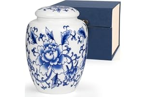 SIBRANT Small Cremation Keepsake Urn for Human and Pet Ashes - Ceramic Memorial Mini Urn With Exquisite Box (Blue & White, M)