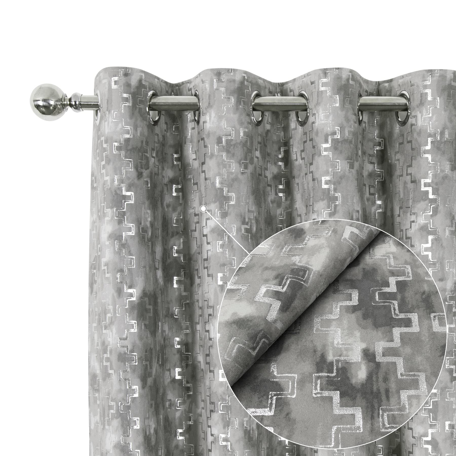 always4u Eyelet Printed Geometric Patterns Curtains 100% Blackout Velour Velvet for Living Room Drop Curtain Pair Panels Silver 46 * 90