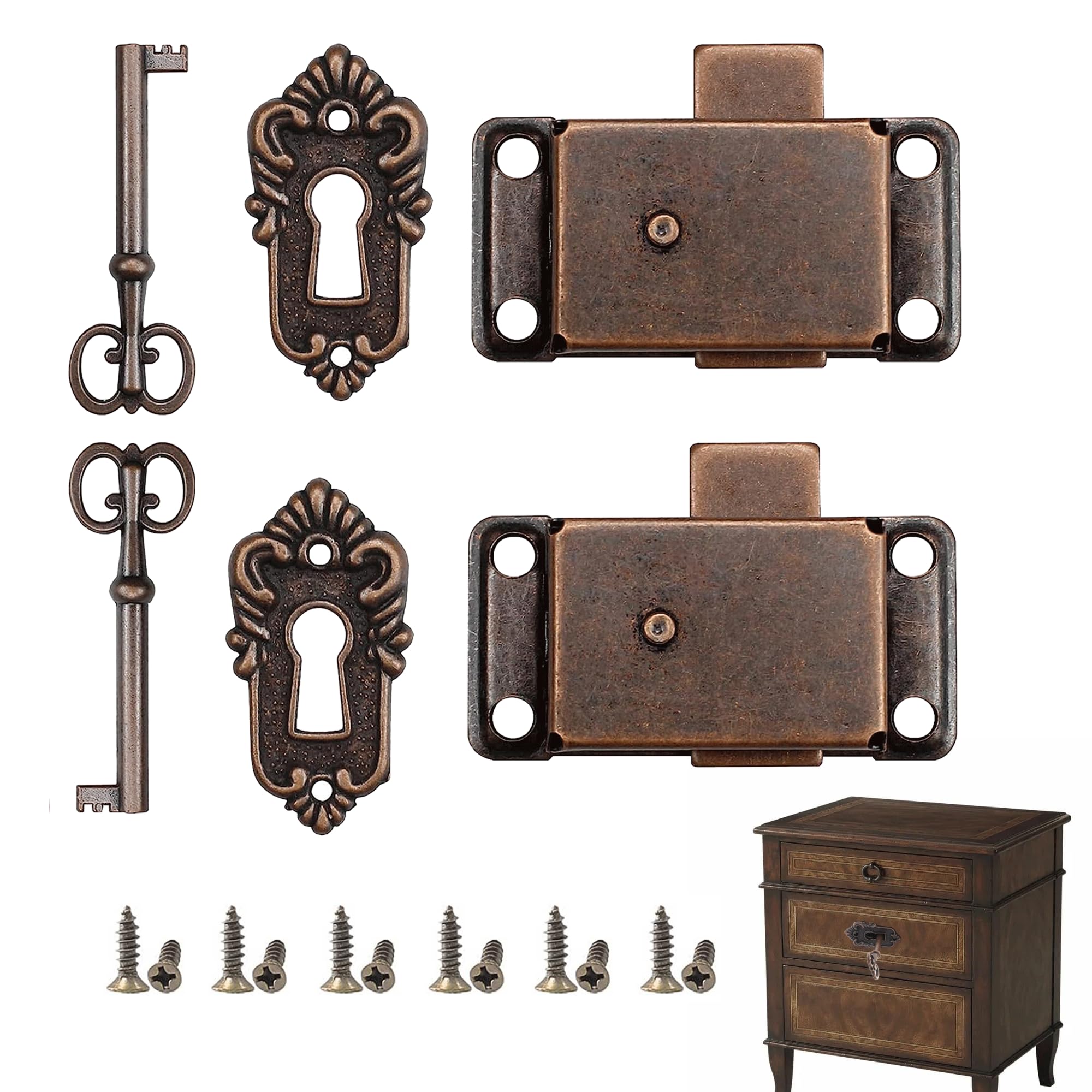 2 Pcs Vintage Cabinet Door Locks Set - Classic Retro Design Antique Locks with Key - Red Patina - Easy Installation - For Wardrobes, Cabinets, Drawers, Boxes