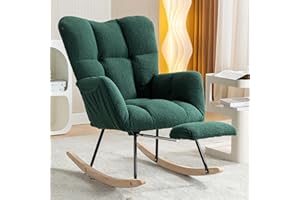 NIOIIKIT Nursery Rocking Chair, Teddy Upholstered Glider Chair with Adjustable Footrest, Padded Recliner Chair with High Backrest, Rocker Recliner Chair, Reading Chair for Nursery (Green)