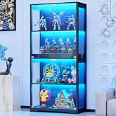 BROTTAR Display Cabinet with Glass Doors, 4-Tier Display Case, Black | Curio Cabinet with 3 Color Lights for Collectibles, Storage Cabinets with Human Body Sensor