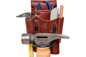 FESA Small Leather Tool Pouch - 5-in-1 Heavy Top Grain Leather Small Tool Pouch with a Steel Hammer Loop, 4 Pockets & Reinforced Heavy Duty Rivets - Fits Belts up to 3" - Handcrafted