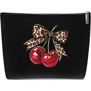 CRASHOT Cheetah Print Gifts for Women, Leopard Bow and Cherries Makeup Bag, Zipper Cosmetic Pouch with Double-Sided Animal Pr