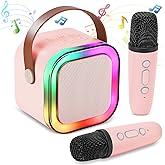 Mini Karaoke Machine, Portable Bluetooth Karaoke Speaker with 2 Wireless Microphones and Light for Family Home Party,Toys for Girls Boys Friends Age 3-12+ Kids and Adults Birthday Gifts.(Pink)