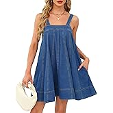 Denim Dress for Women Tie Shoulder with Straps Sleeveless Ruffle Hem Summer Casual mini Jean Dress with Pockets