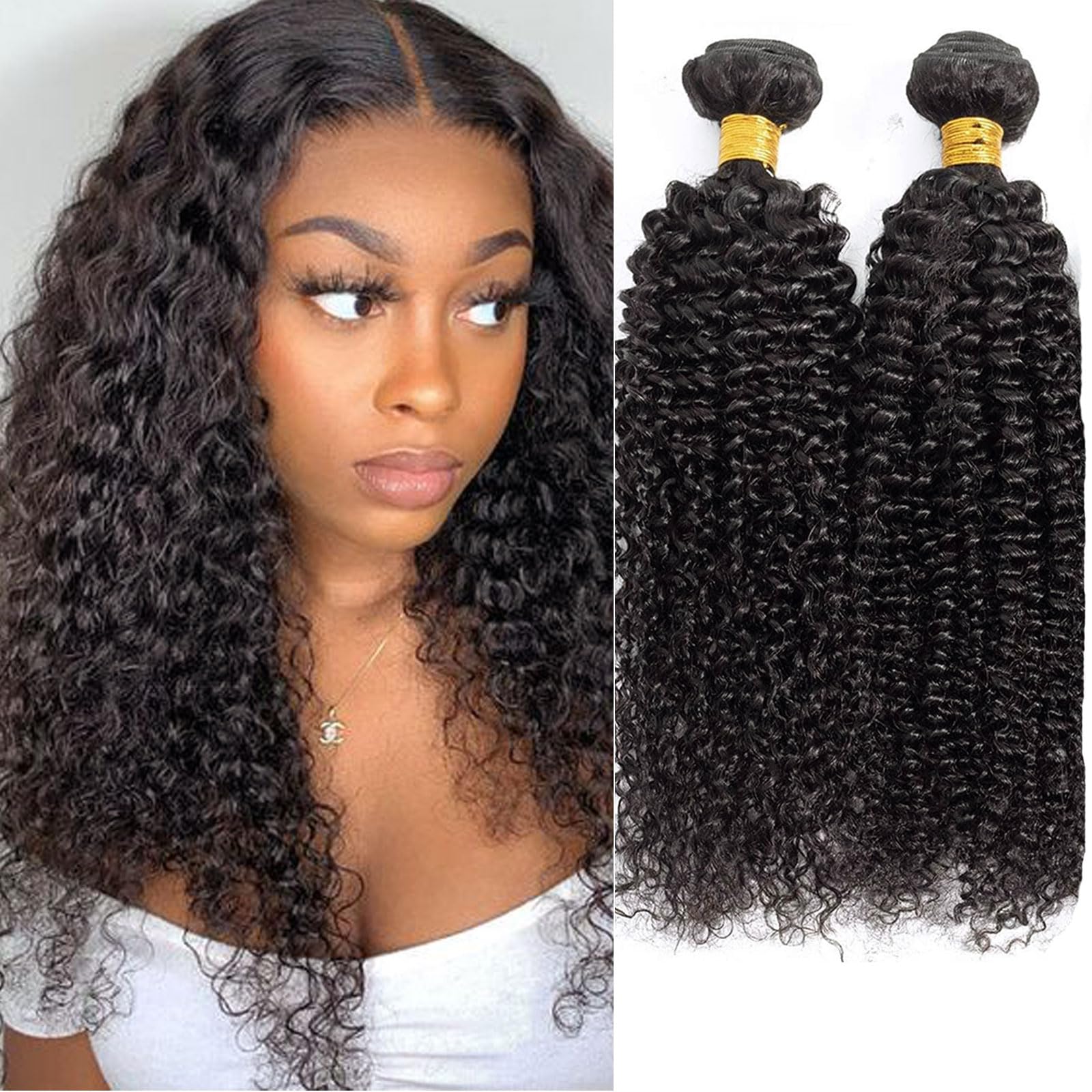 Huarisi Curly Human Hair 2 Bundles (14 16 inch), 7A Unprocessed Virgin Brazilian Curly Hair, Kinky Curly Weaves Bundles for Black Women, Natural Color Real Hair Extensions Weft 200g — image 1