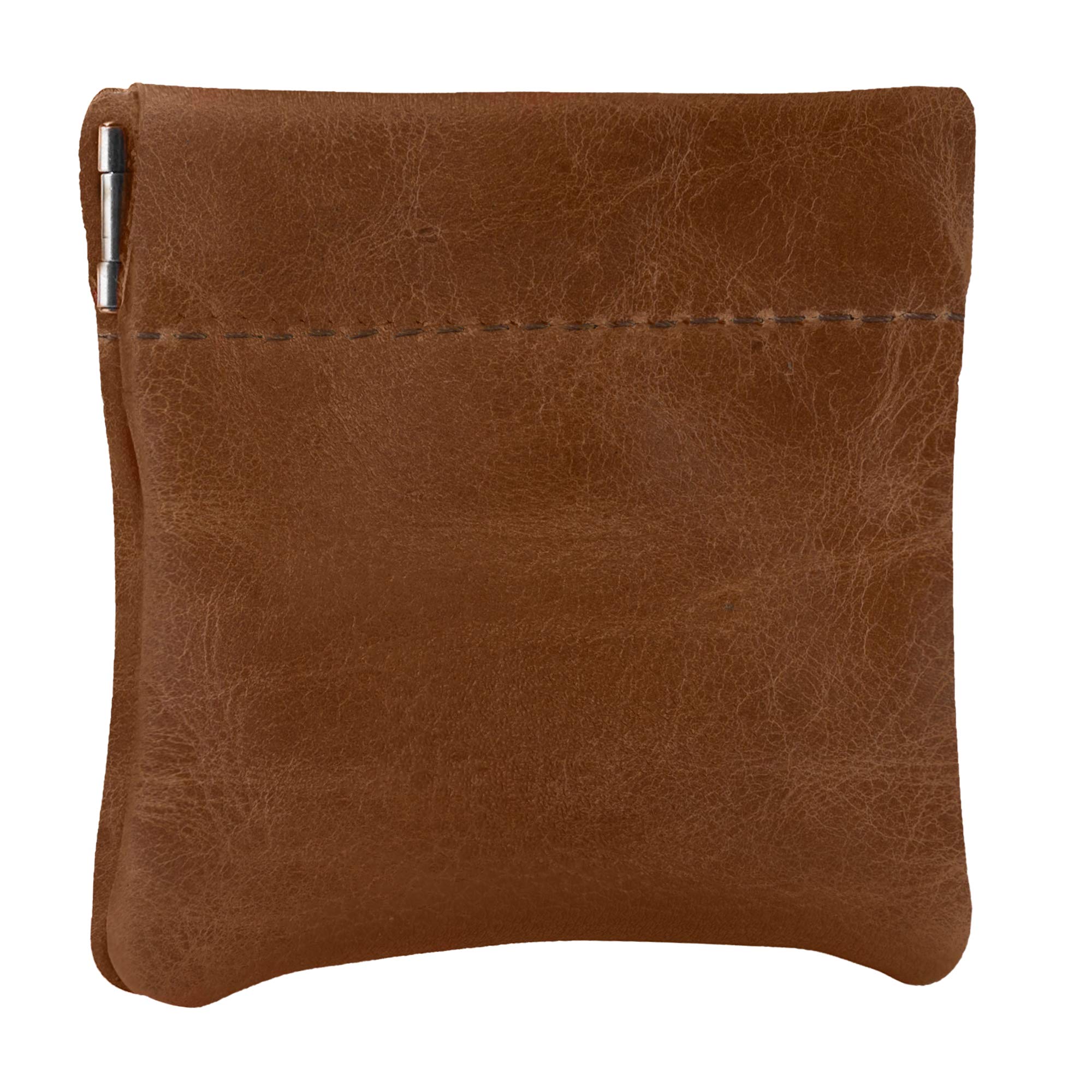 Genuine Leather Squeeze Coin Purse, Made in U.S.A. for Men/Woman Pouch Size 3.5" x 3.5" Change Holder (Distrassed Tan)