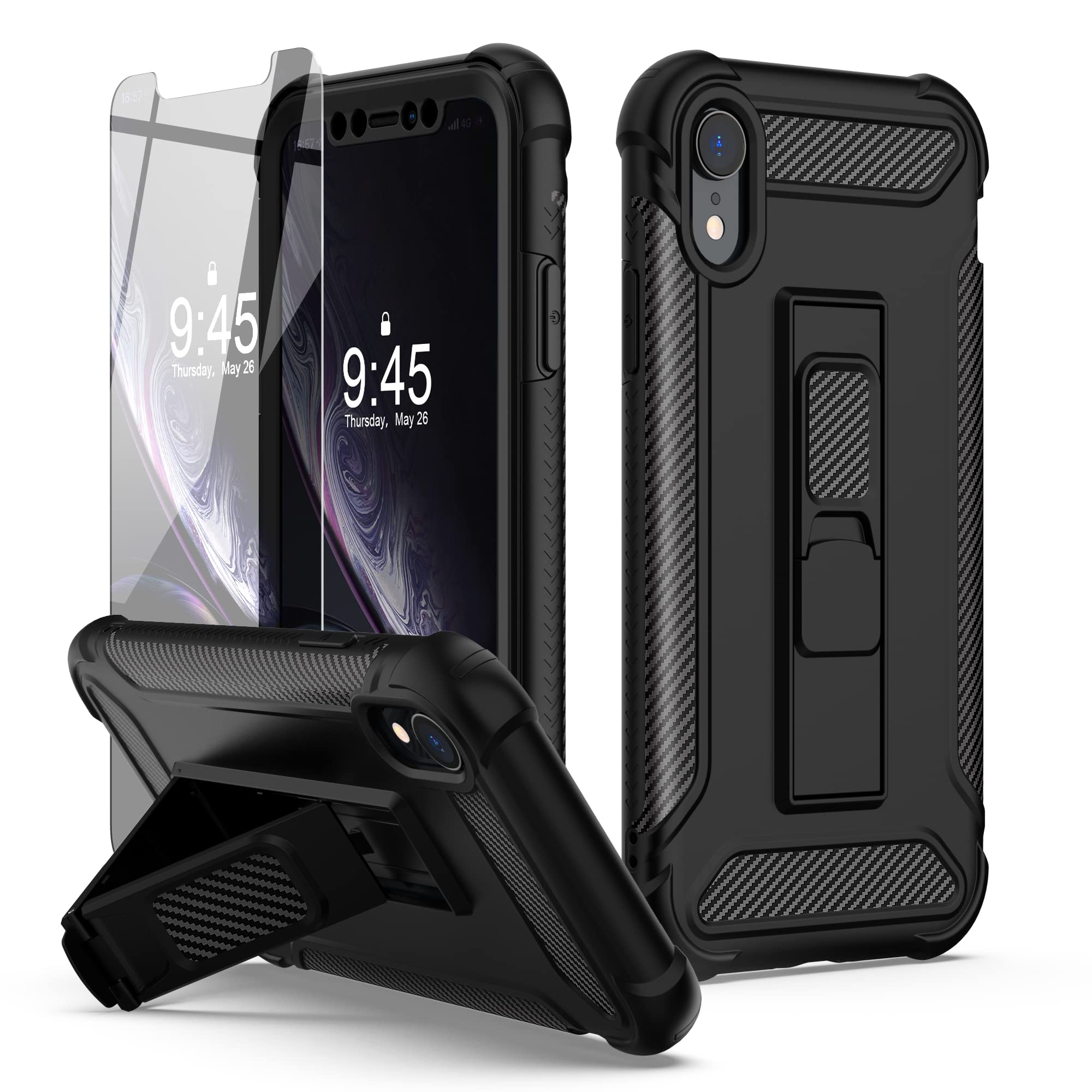 ORETECH Designed for iPhone XR Case,and [2 x Tempered Glass Screen Protectors] [Heavy Duty Protection] [Kickstand & Phone Holder] 5 in 1 Full Body Shockproof Protective Cover for iPhone Xr - Black — image 1