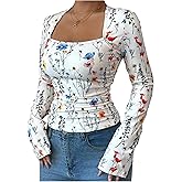 WDIRARA Women's Floral Long Sleeve Crop Top Square Neck Ruched Slim Fitted T Shirts