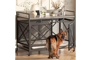 COZPAW Large Dog Crate Furniture, 48 Inch Wooden Dog Kennel for XLarge Dogs, Heavy Duty Dogs Furniture Indoor Wire Dog Cage with Caster Wheels,Decorative Pet House End Table, Textured Gray