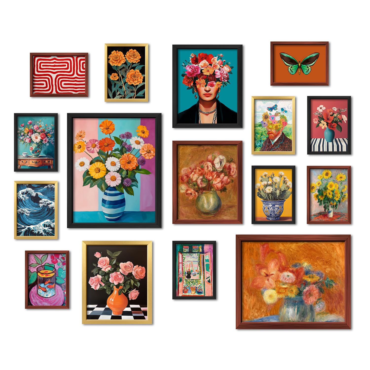 Photo 1 of 16 PCS Framed Eclectic Wall Art Decor, Mid Century Modern Maximalist Home Gallery Wall Frame Set Prints for Bedroom Bathroom, Colorful Posters for Living Room Aesthetic, Floral Artwork Collage Kit