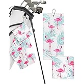 Microfiber Golf Towels for Golf Bags & Carts - Premium Weave Waffle & Ball Towels with Carabiner Clip, Essential Accessories for Men, Women and Kids, Golfer Gifts, Set of 2 (Flamingo Tropics)